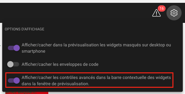 Affichage de boutons d'ations avancées dans la barre contextuelle des widgets