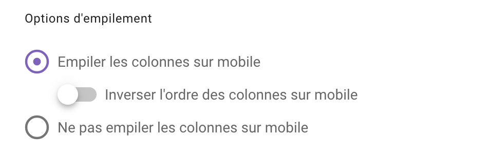 Options d'empilement des Colonnes sur smartphone