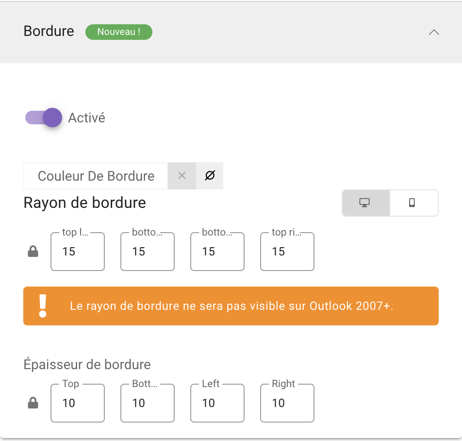 Volet des paramètres de bordure