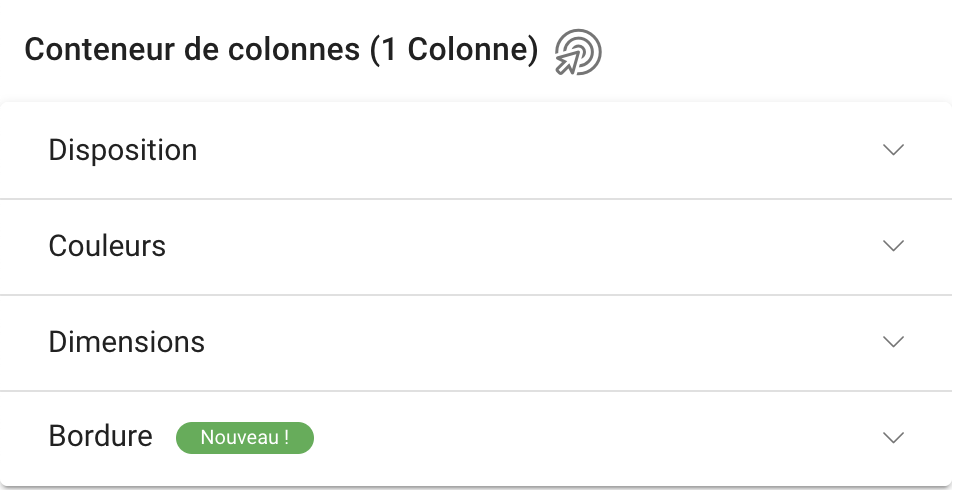 Volets des paramètres du Conteneur de Colonnes